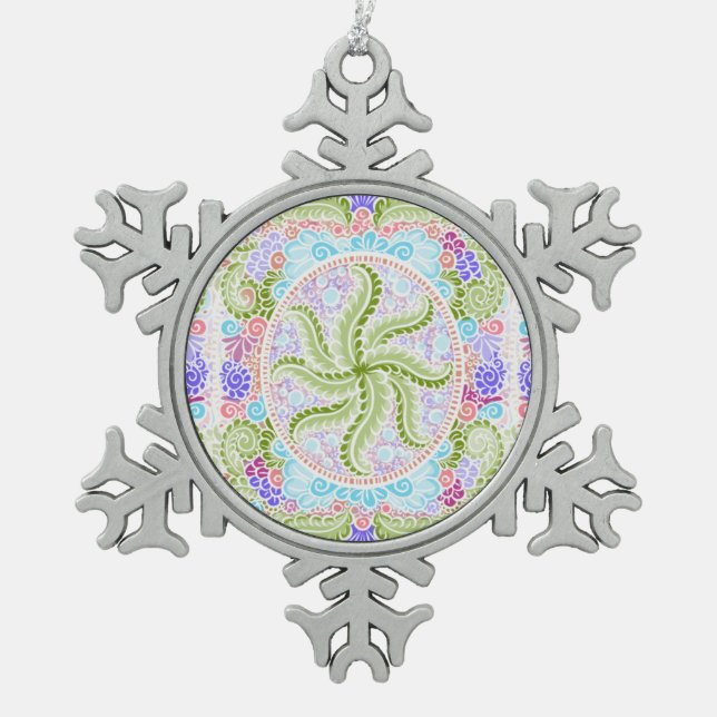 Pastel Nature Mandala Art Snowflake Pewter Christmas Ornament (Front)