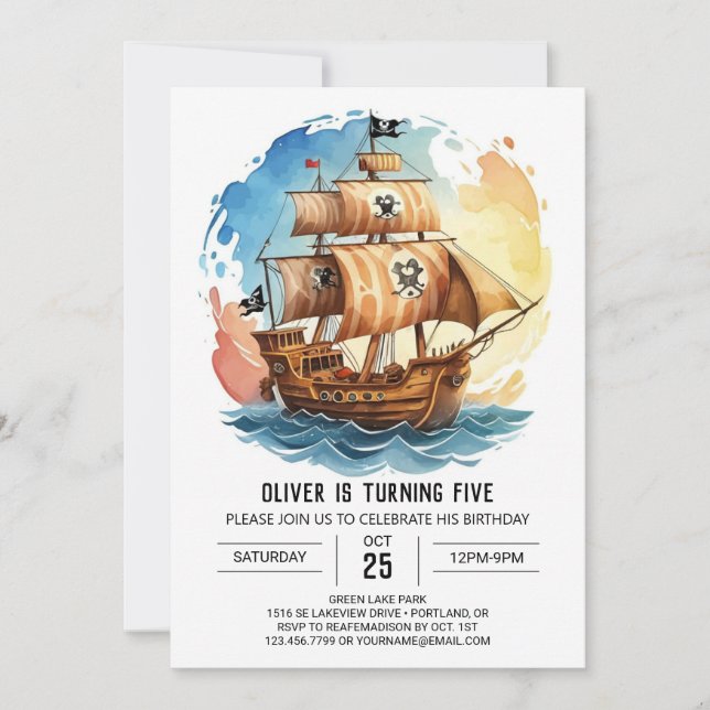 Pastel Nautical Waves Pirate Birthday Invitation (Front)