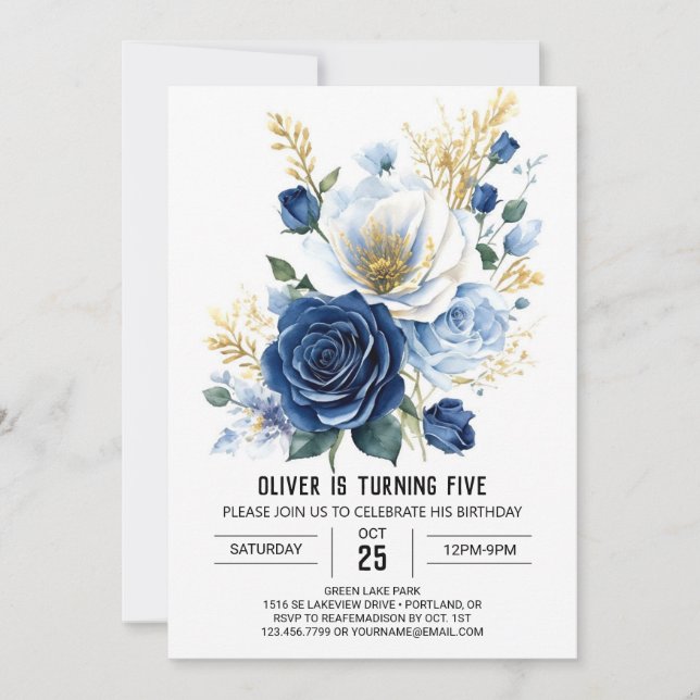 Pastel Navy Blue Floral Birthday Invitation (Front)
