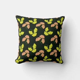 Pastel-Neon Ginko Leaves on Black Background Cushion