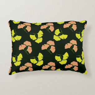 Pastel-Neon Ginko Leaves on Black Background Decorative Cushion