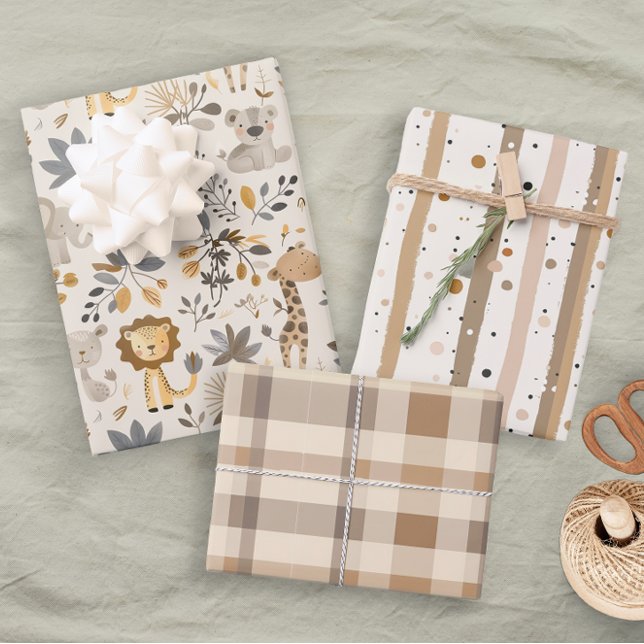Pastel Neutral Boy Zoo Animals Wrapping Paper Sheet (Creator Uploaded)