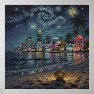 Pastel Night Oil Painting Miami Art Deco Beach Poster