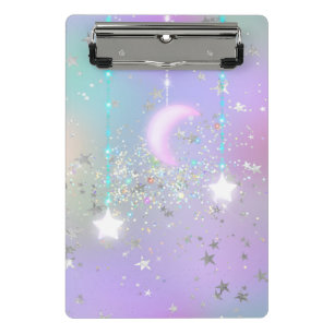 Pastel night sky glowing moon stars glitter cute  mini clipboard