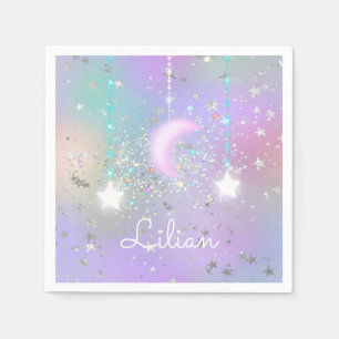 Pastel night sky glowing moon stars glitter cute napkin