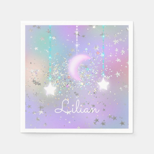 Pastel night sky glowing moon stars glitter cute  napkin (Front)