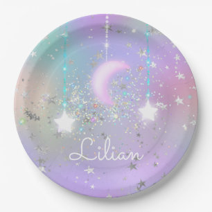 Pastel night sky glowing moon stars glitter cute paper plate