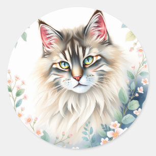 Pastel Norwegian Forest Cat Portrait Surrounded Classic Round Sticker