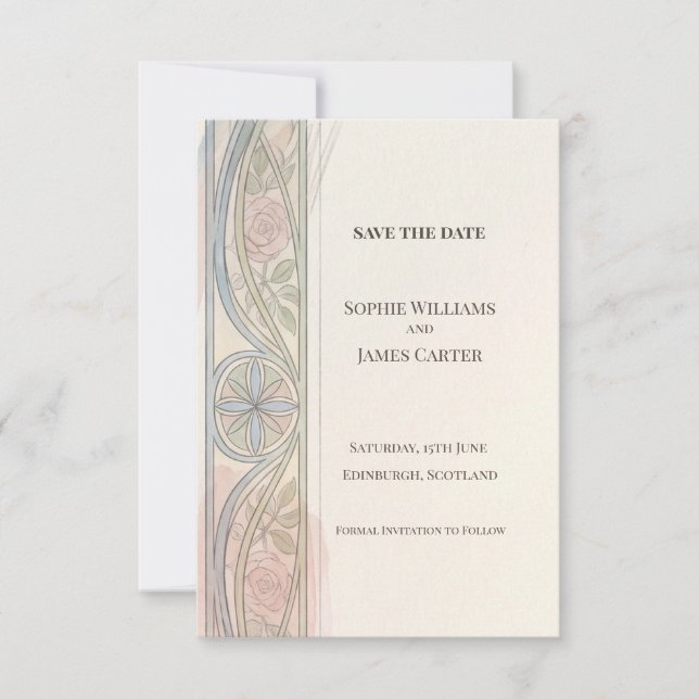 Pastel Nouveau Floral Save The Date Card (Front)