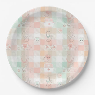 Pastel Nurse Life Chequered Pattern Paper Plate