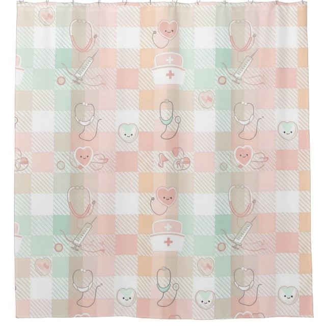 Pastel Nurse Life Chequered Pattern Shower Curtain (Front)
