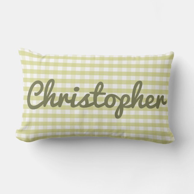 Pastel Nursery Green Gingham with Name Lumbar Cushion (Front)