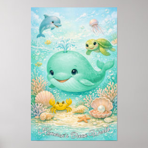 Pastel Ocean Animals Neutral Whale Dolphin Turtle Poster