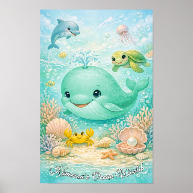 Pastel Ocean Animals Neutral Whale Dolphin Turtle Poster (Front)