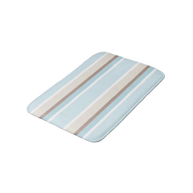 Pastel Ocean Blue Beige Brown White Stripe Pattern Bath Mat (Angled)
