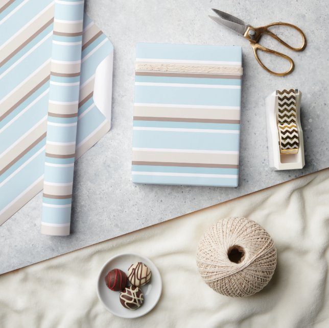 Pastel Ocean Blue Beige Brown White Stripe Pattern Wrapping Paper (Crafts)