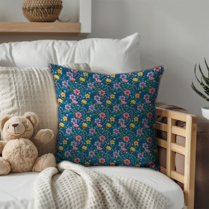 Pastel ocean blue simple floral pattern monogram cushion