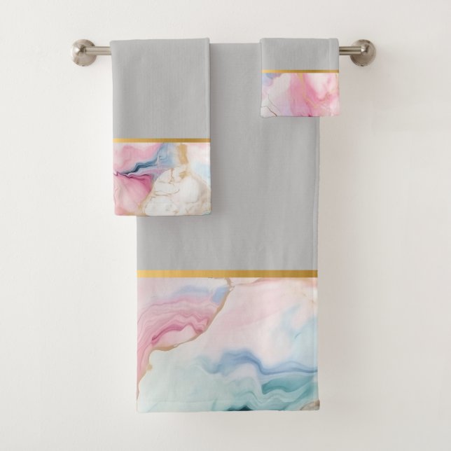 PASTEL OCEAN MARBLE GOLD GREY BATHROOM TOWEL SET (Insitu)