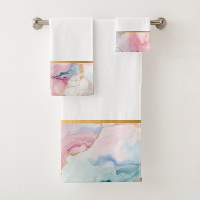 PASTEL OCEAN MARBLE GOLD WHITE BATHROOM TOWEL SET (Insitu)