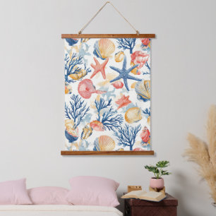 Pastel Ocean Shells with Delicate Coral Twigs Hanging Tapestry