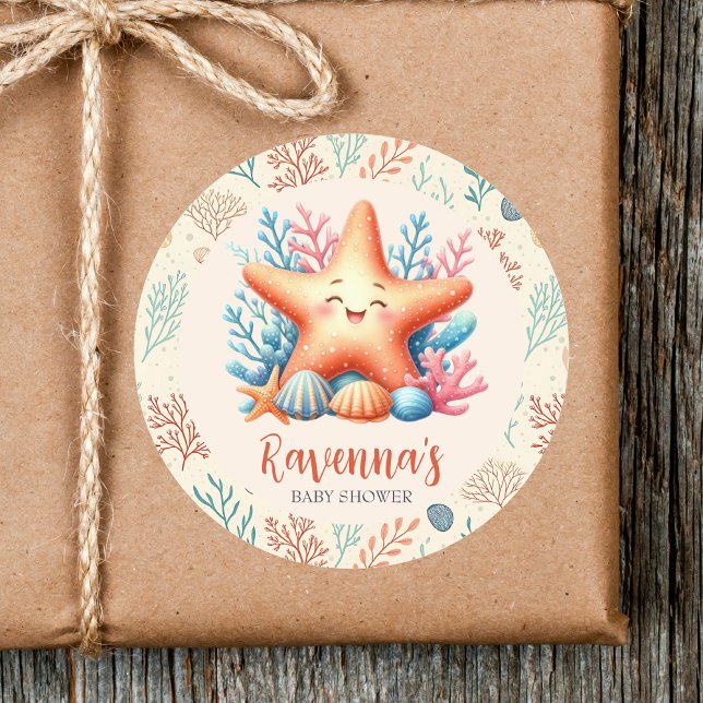 Pastel Ocean Starfish Custom Name Baby Shower Classic Round Sticker (Creator Uploaded)