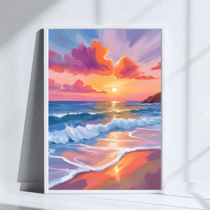 Pastel Ocean Sunset   Colourful Beach Painting  Poster
