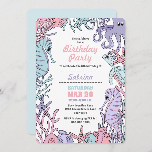 Pastel Ocean Theme Sea Life Birthday Invitation (Front/Back)