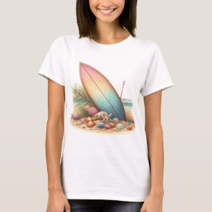 PASTEL OMBRE SURFBOARD AND FLOWERS ON THE BEACH T-Shirt