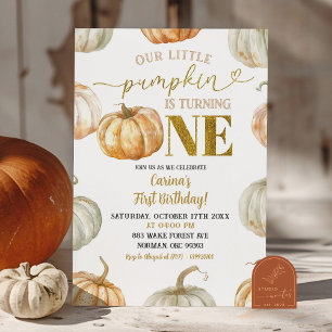 Pastel Orange and Gold Pumpkin First Birthday Invitation