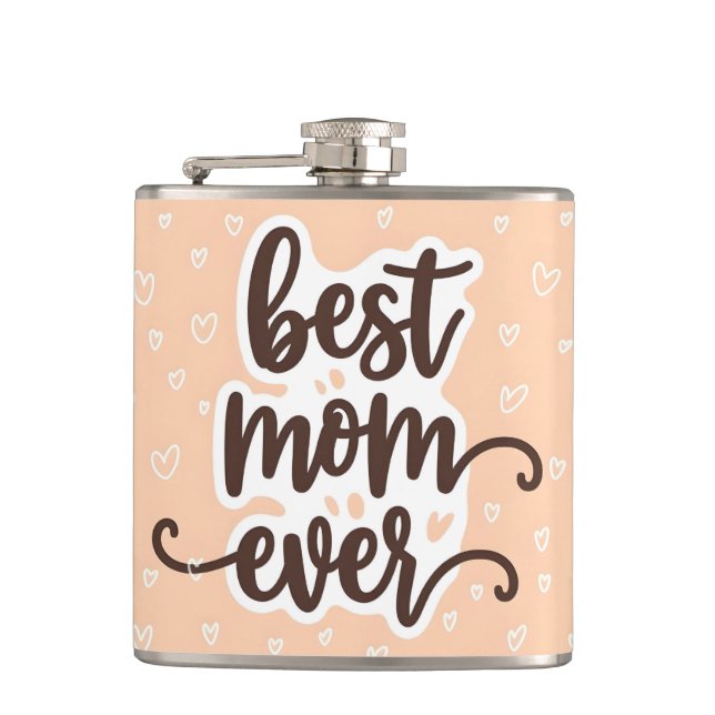 Pastel Orange Best Mum Ever Script Hearts Hip Flask (Front)