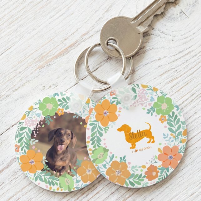 Pastel Orange Dachshund Custom Name & Photo Key Ring (Creator Uploaded)