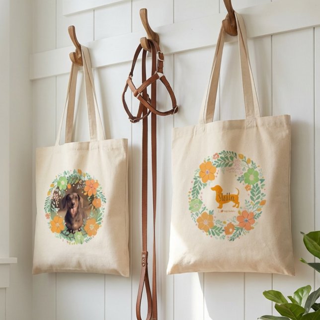 Pastel Orange Dachshund Floral Tote – Custom Photo Bag (Creator Uploaded)