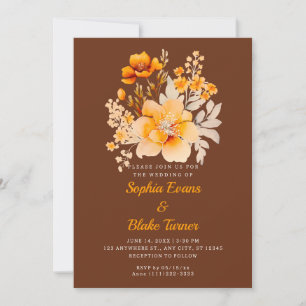 Pastel Orange Floral Bouquet Fall Brown Wedding Invitation
