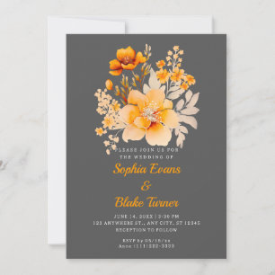 Pastel Orange Floral Bouquet Fall Grey Wedding Invitation