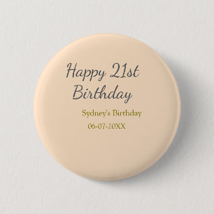 Pastel orange gray happy 21st birthday name date 6 cm round badge