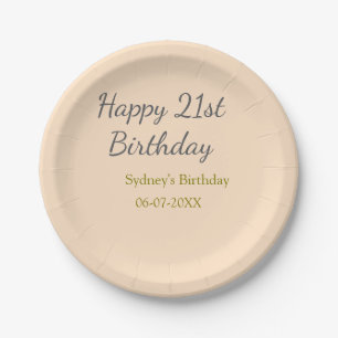 Pastel orange grey happy 21st birthday name date paper plate
