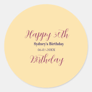 Pastel orange happy 30th birthday name date purple classic round sticker