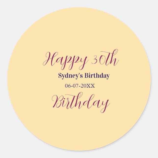 Pastel orange happy 30th birthday name date purple classic round sticker (Front)