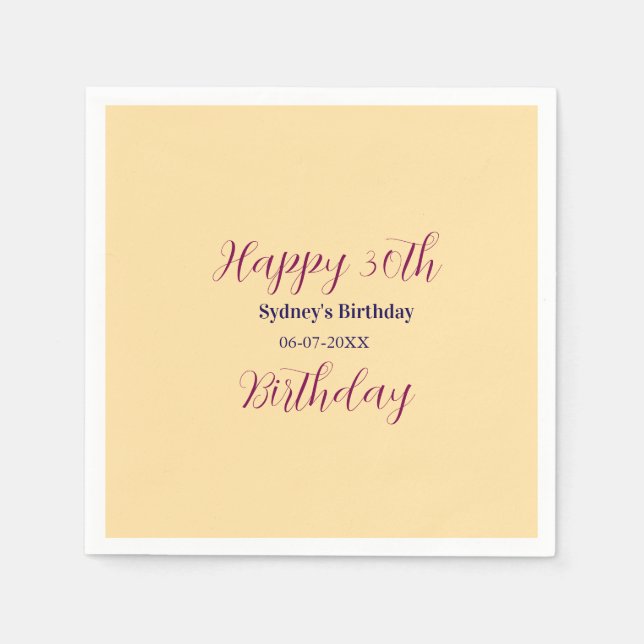 Pastel orange happy 30th birthday name date purple napkin (Front)