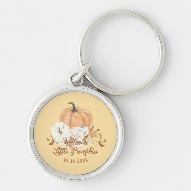 Pastel Orange Little Pumpkin Baby Shower Key Ring (Front)