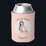 Pastel Orange Mis XV Años Round Photo Can Cooler<br><div class="desc">Create your own personalised white border round photo can cooler for your her 15th birthday. Customise the solid pale orange background colour or the black text colour to match your photo. If you change the font type or size, you can fine tune the curvature of the text in small increments....</div>