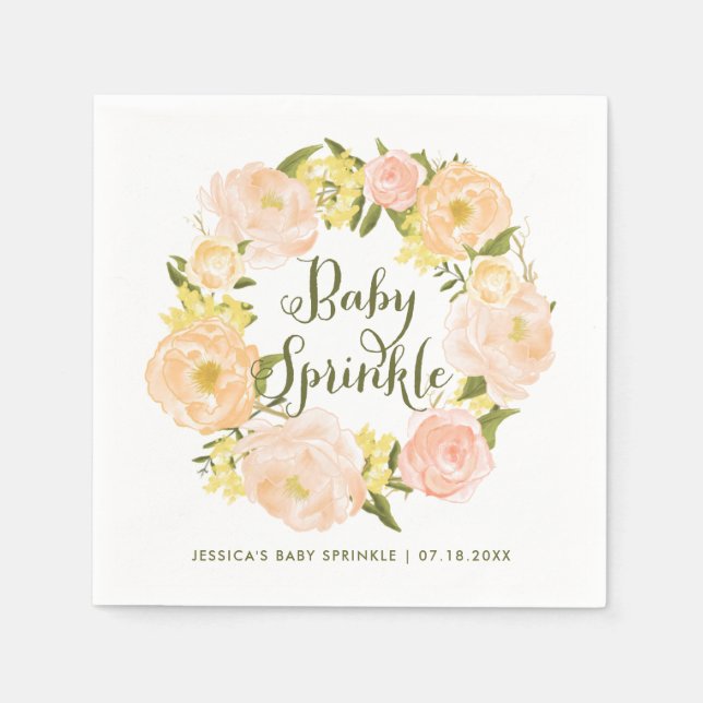 Pastel Orange Peonies Wreath Baby Sprinkle Napkin (Front)