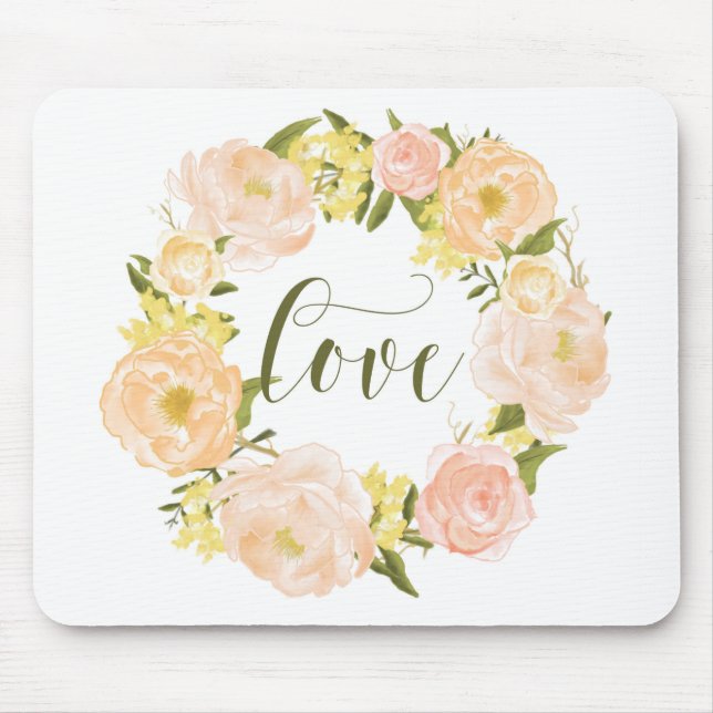 Pastel Orange Peonies Wreath | Love Lettering Mouse Pad (Front)
