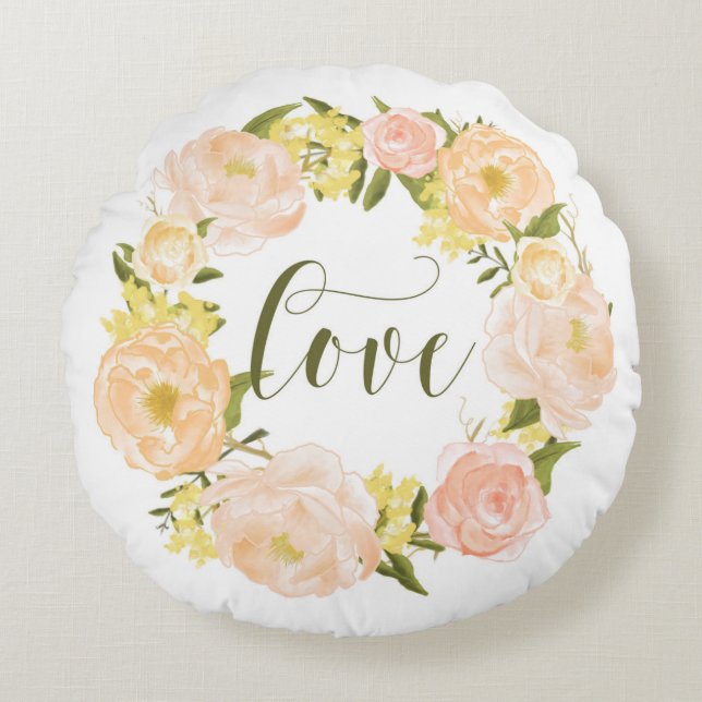 Pastel Orange Peonies Wreath | Love Lettering Round Cushion (Front)