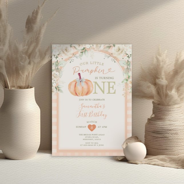 Pastel Orange Pumpkin Floral Gingham 1st Birthday Invitation (Creator Uploaded)