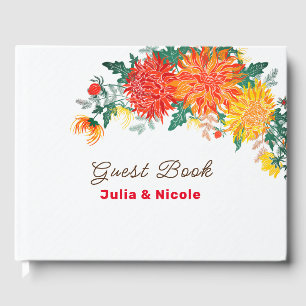 Pastel Orange Yellow Spring Dahlia Flowers Wedding Guest Book