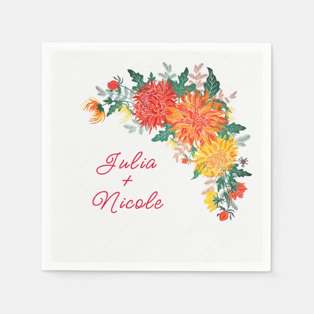 Pastel Orange Yellow Spring Dahlia Flowers Wedding Napkin (Front)