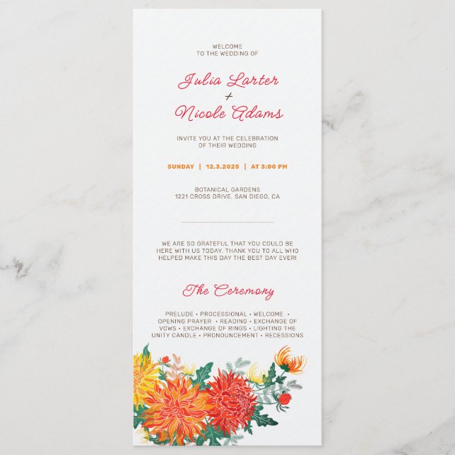 Pastel Orange Yellow Spring Dahlia Flowers Wedding Program (Front)