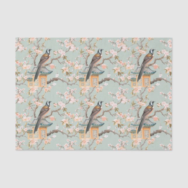 Pastel Oriental Bird and Fruit Blossoms Tissue Paper (Front)