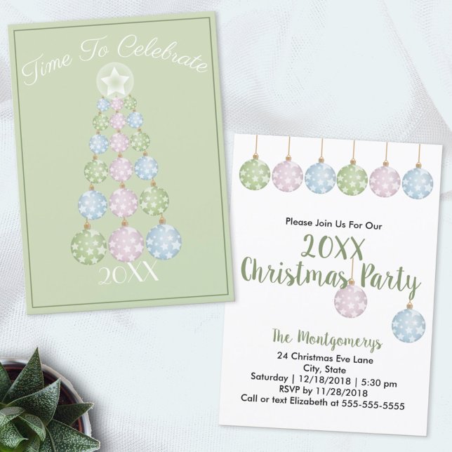 Pastel Ornaments Modern Christmas Tree Party Invitation (Creator Uploaded)